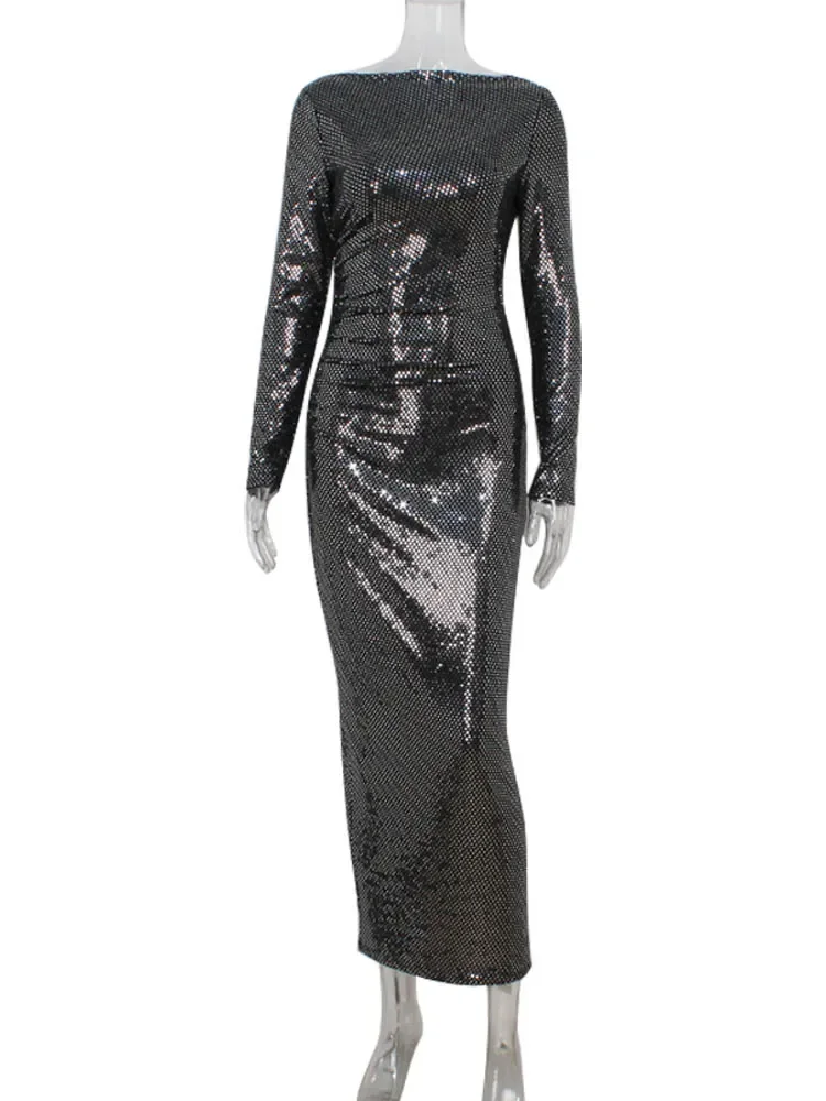 Ahagaga seksowny klub damski Sqeuins długie sukienki jednolita, maksi pełna rękawy O-Neck płaszcza moda Bodycon Streetwear Vestidos szaty