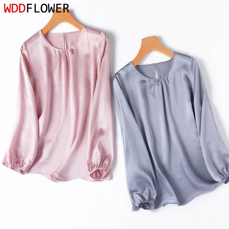 

Women Silk Shirt 100% Mulberry Silk 19 Momme Pearl Silk Solid Color Long Sleeve Pullover Top Blouse Office Work M L XL M1298