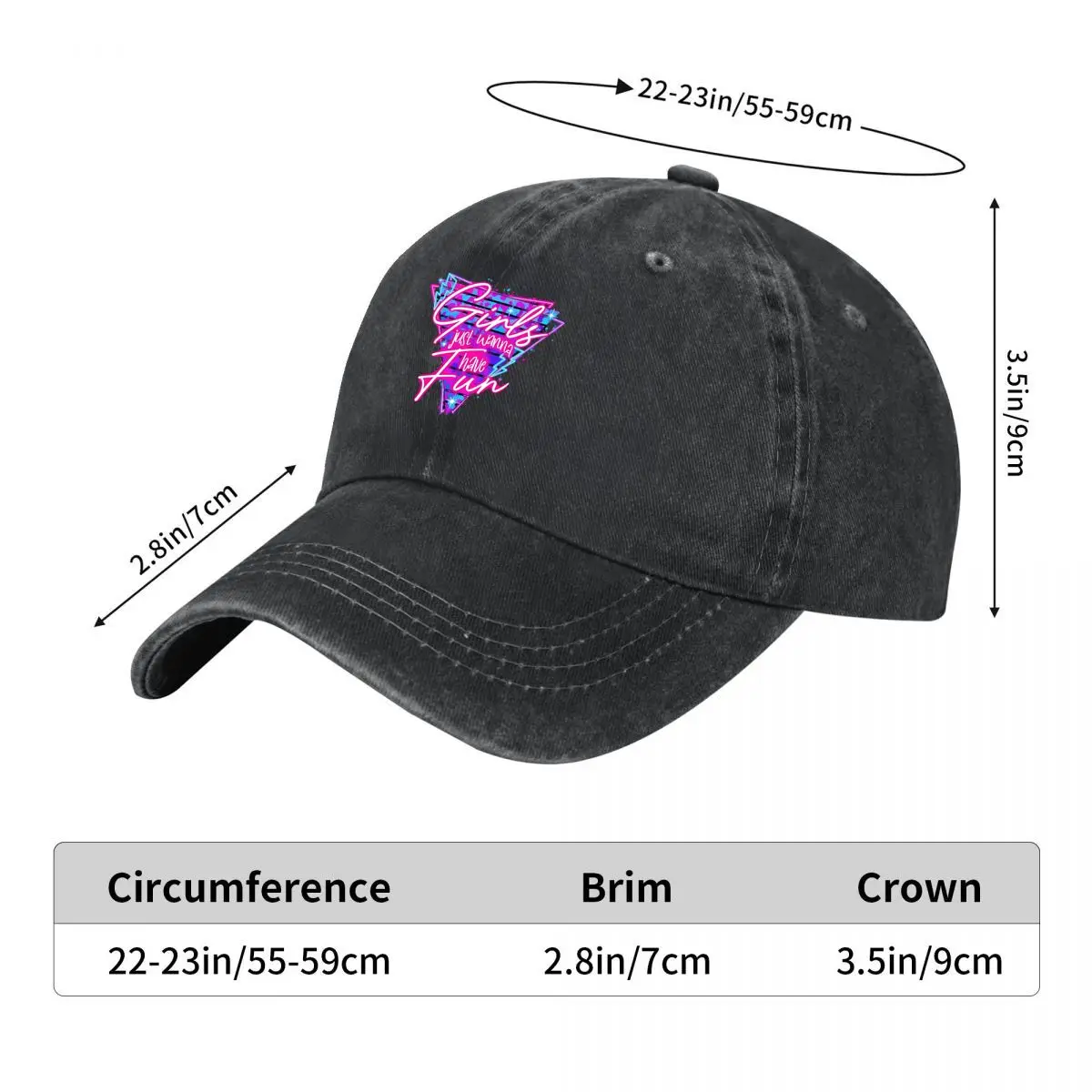 Girls Just Wanna Have Fun Neon Graphic 2026 New Vintage Washed Baseball Cap
