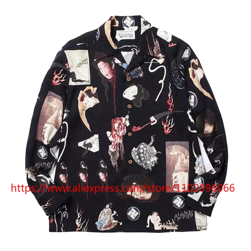 Fashionable Multicolor Clothing Summer Graffiti Pattern Printed High Street Hip-hop Wacko Long-sleeved Shirt High-quality Top