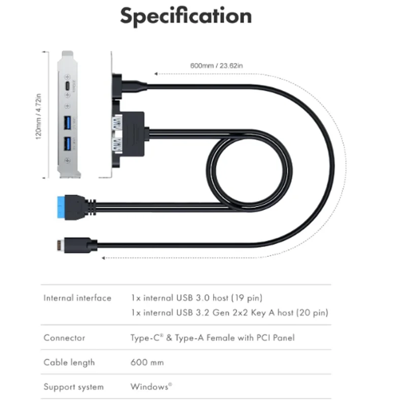USB-C and USB to USB3.2 Type-E Key-A 20-Pin and 19-Pin 2 USB3.0 Female Connectors with PCIe Bracket[G-AD-ETC2A-20G]
