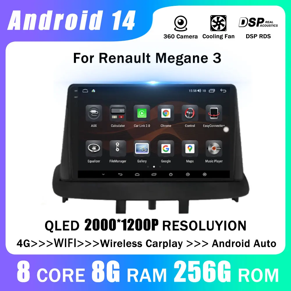 

For Renault Megane 3 Fluence 2008-2014 Android 14 Car Radio Carplay Video Player DSP 2 din 4G WIFI Multimedia Player Multimedia