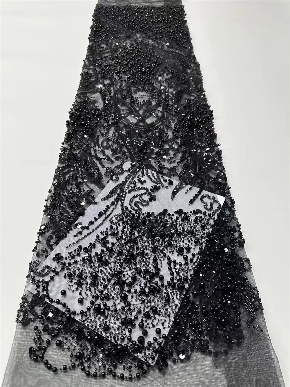 

Африканская черная кружевная ткань с бисером 2025, французская 5 ярдов, тюль, сетка с блестками, вышитая кружевная ткань, свадебные платья Hm87-1