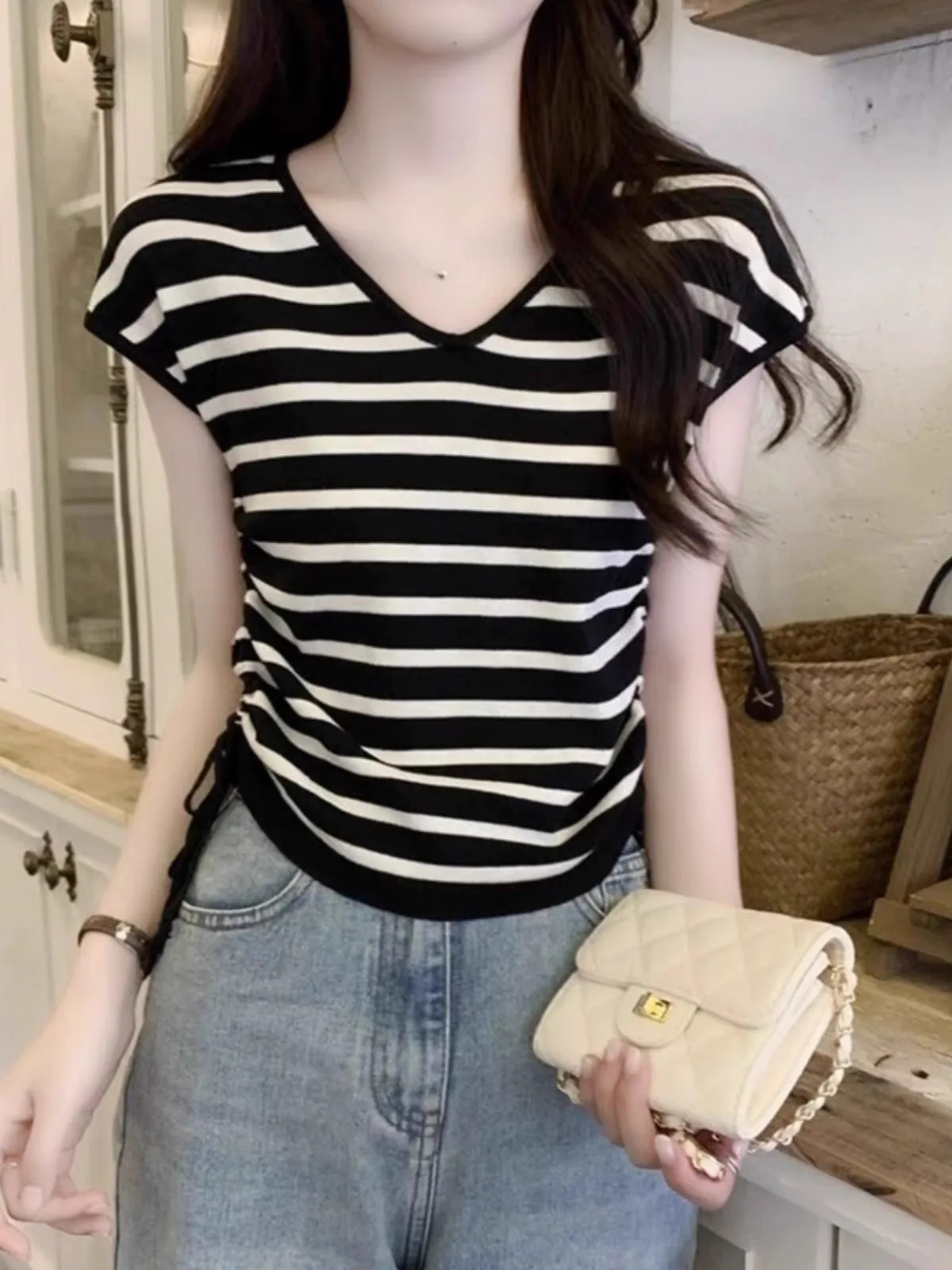 This year's popular drawstring striped knitted ice silk short-sleeved women's thin T-shirt loose half-sleeved blouse