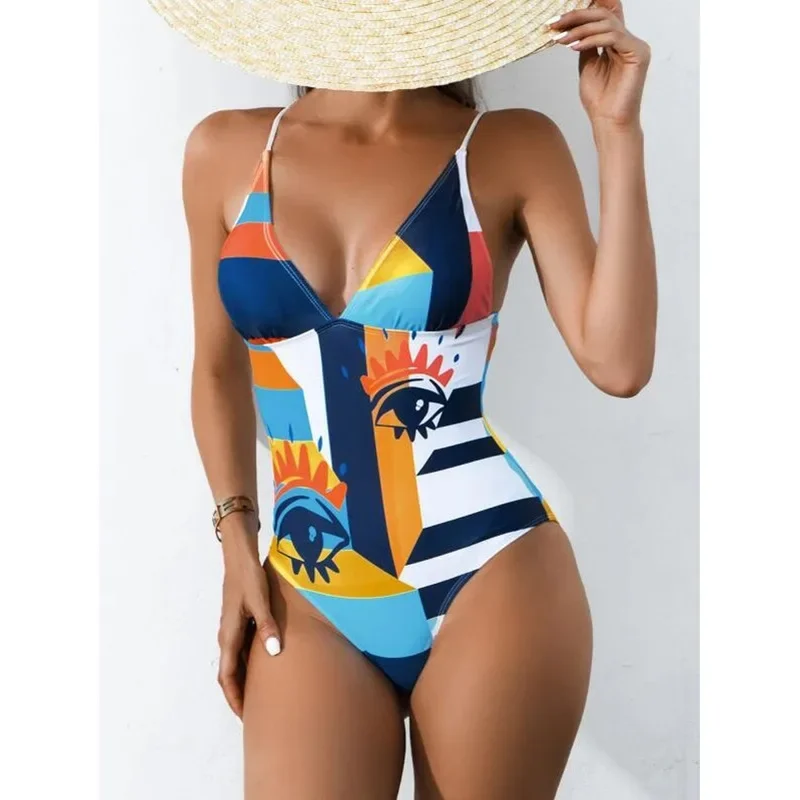 Women's Swimsuit 2022 New One Piece Patchwork Color Sexy Vintage Retro Print Plus Size Swimwear Tummy Control Bathing Suit