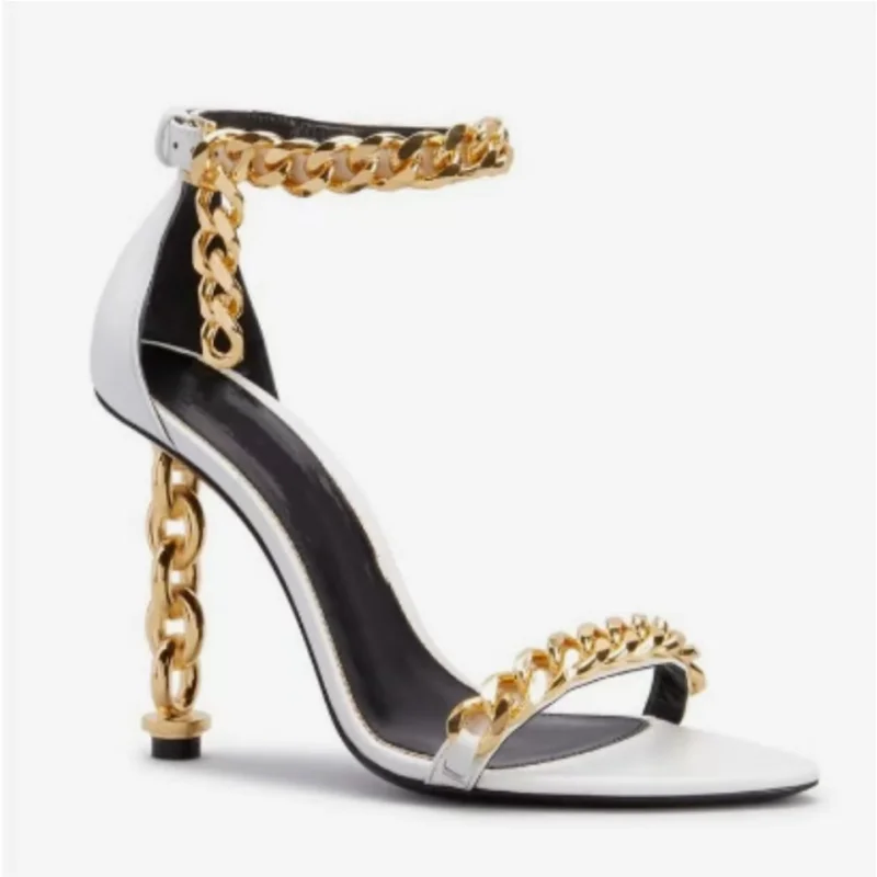 New Sexy Pointed Metal Decoration/Belt Buckle/Shaped High Heel Sandals Metal Chain Fashion Hollow Heel Sandals Nightclub