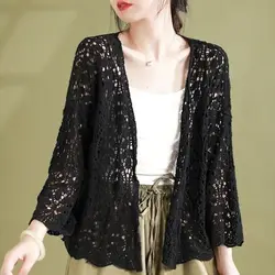 Womens Knitted Cardigan Hollow Flower Shawl Spring Summer