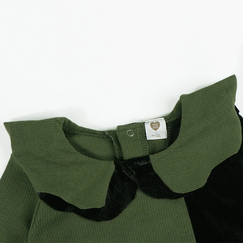 Girl dress velour colorblock ribbed long sleeve kids clothes girl dresses children clothing double layers neck dress green/black