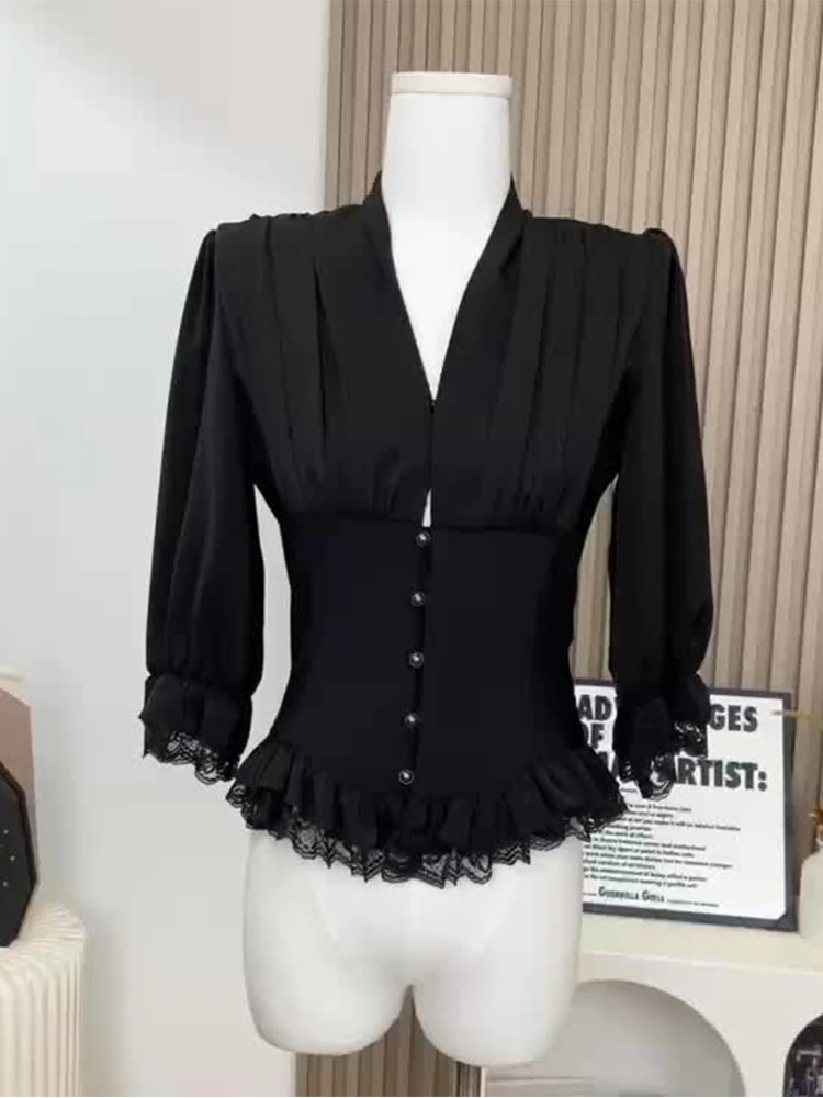 Woman Chiffon Shirts V Neck Blouses Long Sleeve Overshirt Slim Patchwork Classical Elegant All-match Y2k Gothic Dark Academia