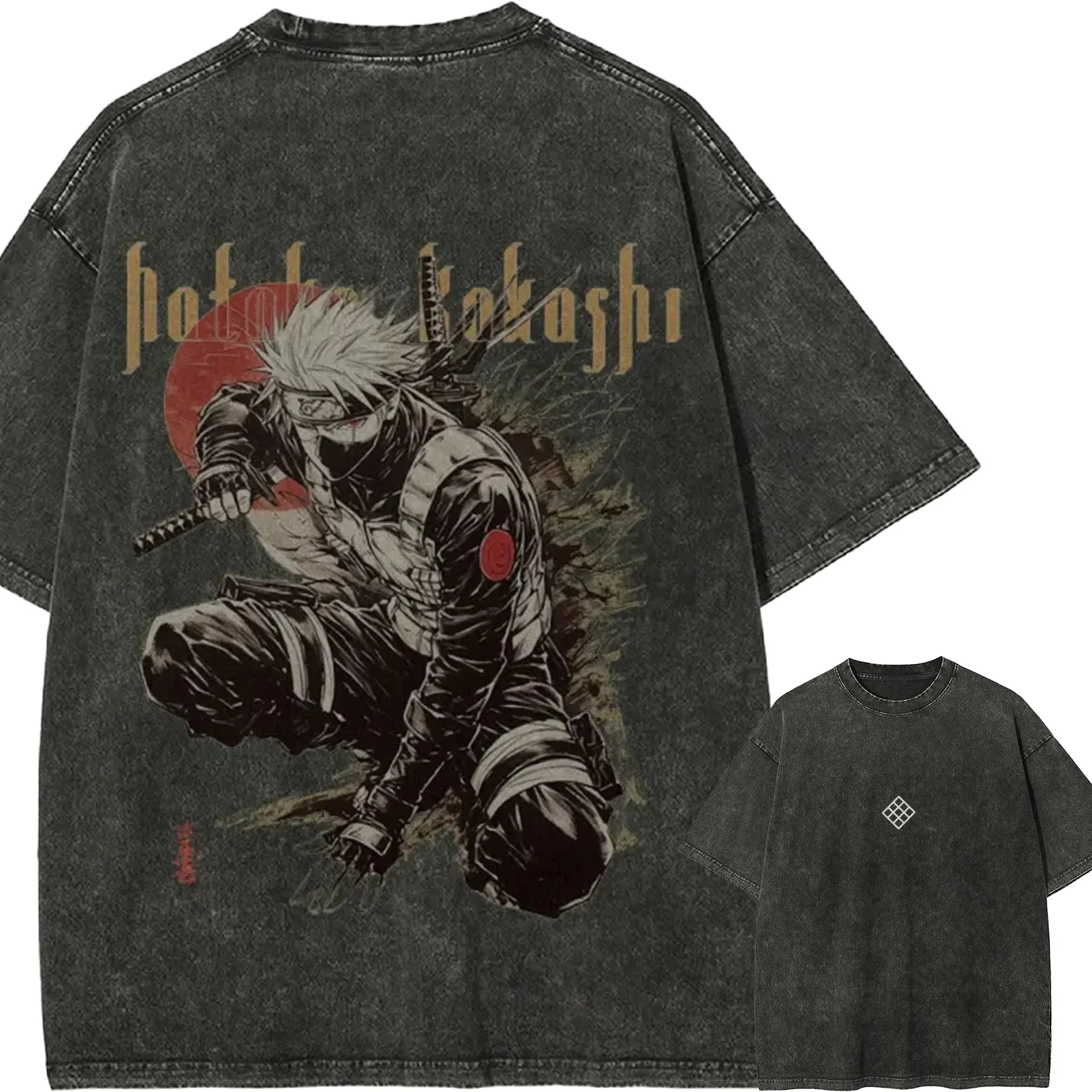 Kakashi Hatake Ninja T-shirt Naruto Shippuden Tee Vintage Washed Oversized Retro Anime Harajuku Streetwear Manga Mens Clothes
