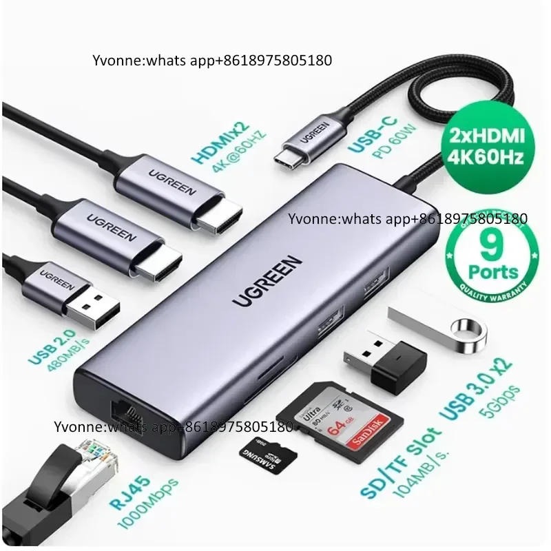 9 in 1 USB C to Ethernet Adapter 5Gbps USB a 3.0 Docking Station PD 60W Charging SD USB C Hub with 4K