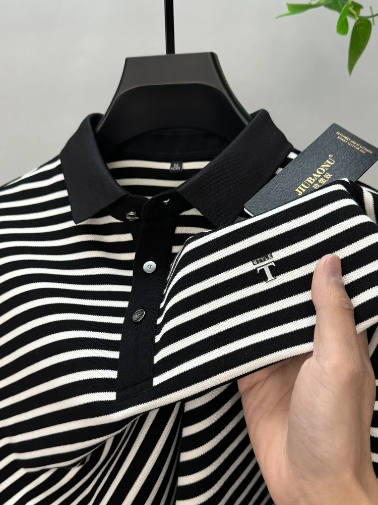 High-end Polo Shirt Men\'s Striped Business Casual Printed Long-sleeved Fashion Spring Autumn Lapel T-shirt Hot stamping Tops