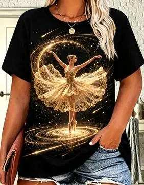 Women Golden Moon Goddess Graphic T‑Shirt Celestial Star Sky Mystic Witch Casual Short Sleeve Tee Top