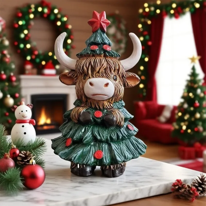 Christmas Decor Resin Statues, Desktop Christmas Ornaments, Mini Highland Cow Christmas Holiday Atmosphere Party Decor Items