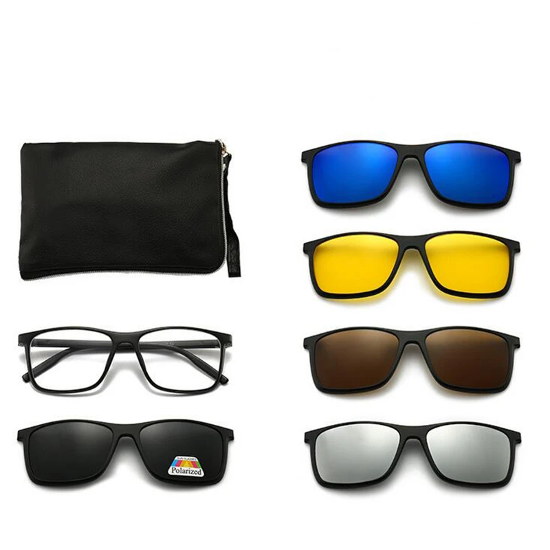 GSBJXZ Magnet-Clip, quadratische Myopie-Sonnenbrille für Herren und Damen, mit 5 Clip-on-Sonnenbrillen, polarisierte verschreibungspflichtige Brillen, 0–0,5–0,75 bis–6,0 8