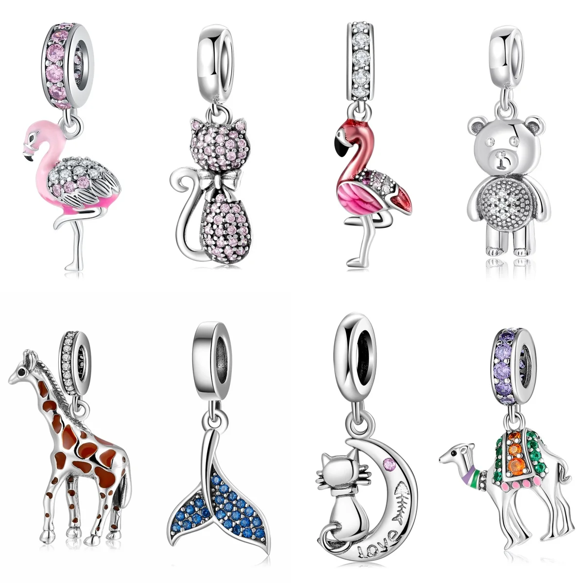 

925 Sterling Silver Giraffe Zoo Animal Zircon Cat Bear Pendant Charm Fit Original Bracelet Diy Jewelry Accessories Beads
