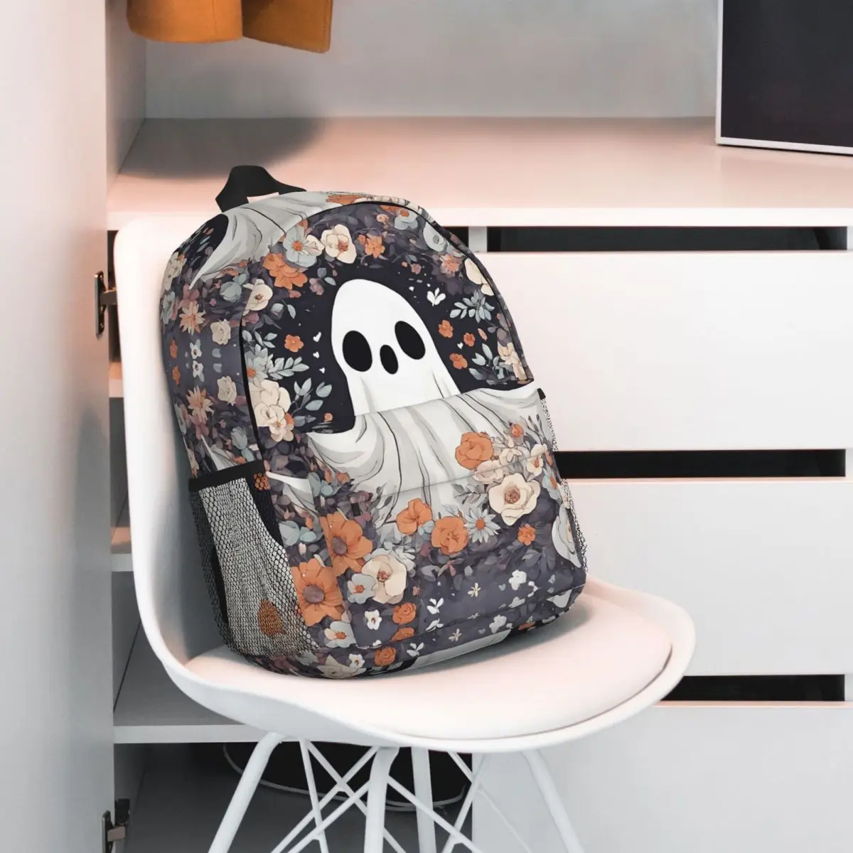 Cute Ghost Surrounded By Wild Flowers Backpack Student BookBag Kids School Bag Computer Shoulder Bags for Men Women