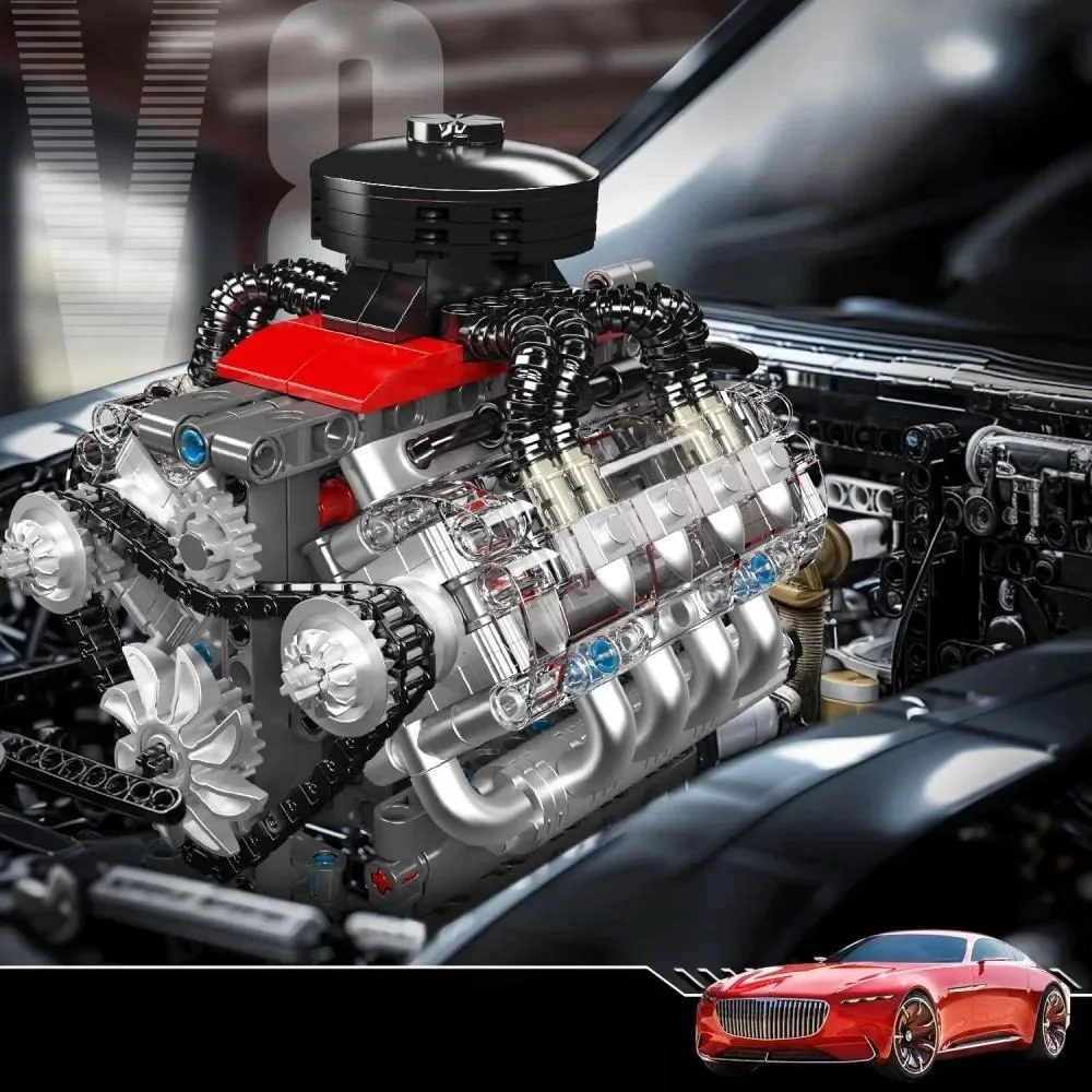 Bloques de construcción de un modelo de motor V8 para construir uno mismo, con culata transparente, turbocompresor y estructura de pistón en funcionamiento, ideal para aficionados a la mecánica y para