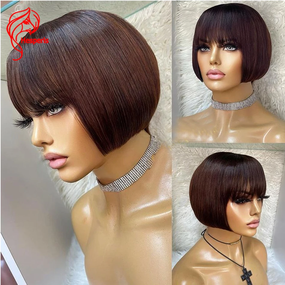 Hesperis-Peruca de Cabelo Curto Bob Humano com Franja, Corte Pixie, Marrom Colorido, Máquina Completa Feita, Brasileiro, Remy