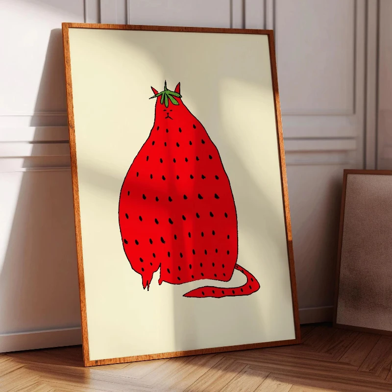 Interesting Abstract Bizarre Cat Poster Printing Strawberry Cat Leopard Print Cat Flower Canvas Painting Home Living Room Decor