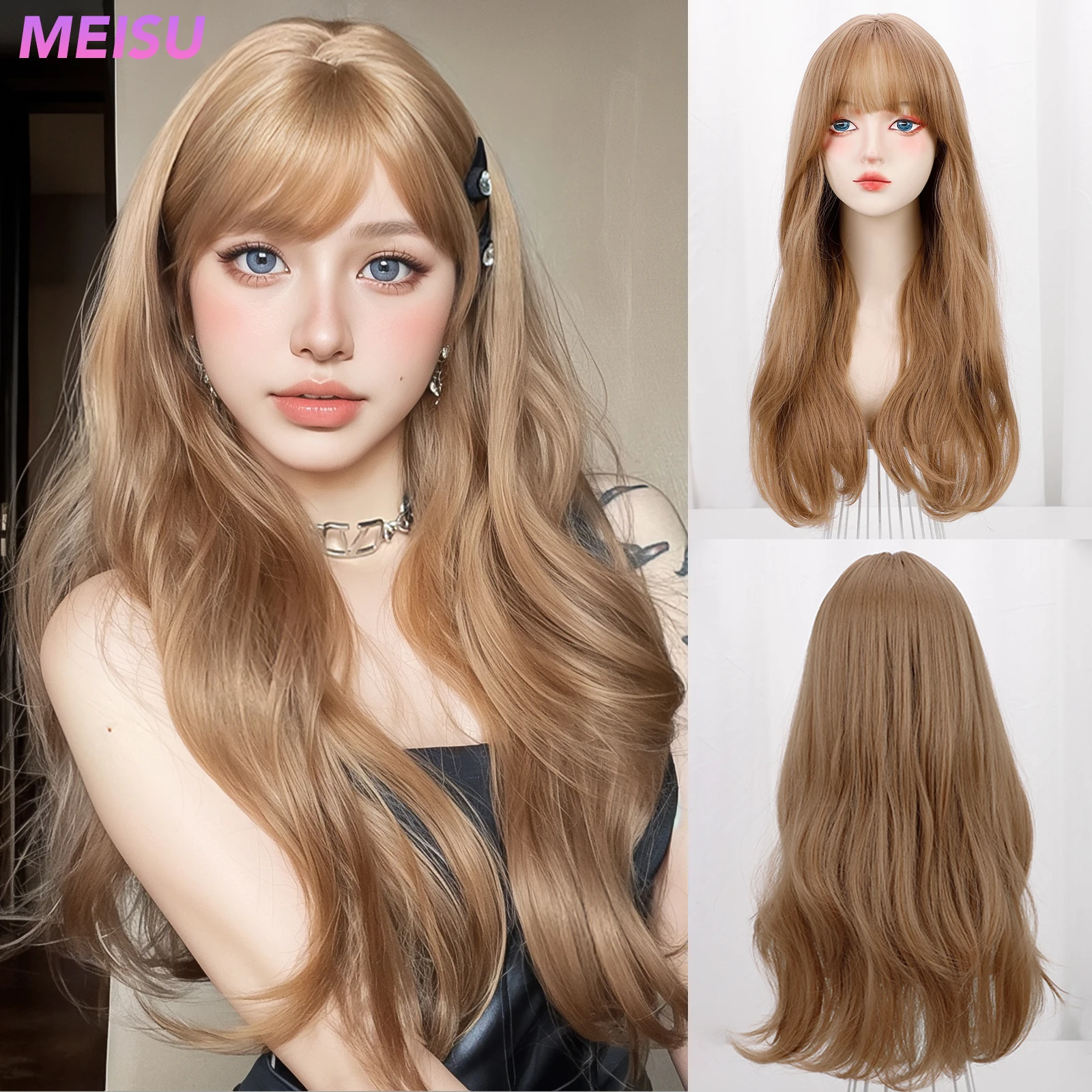 

MEISU Brown Curly Wave Wigs Air Bangs 24 Inch Fiber Synthetic Heat-resistant Deep Wave Hair Sweet And Natural Party or Selfie