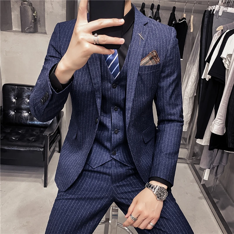 

Blazer and Vest Pant High-end Brand Boutique Striped Men's Formal Business Slim Suit Groom Wedding Dress Party Social Suit