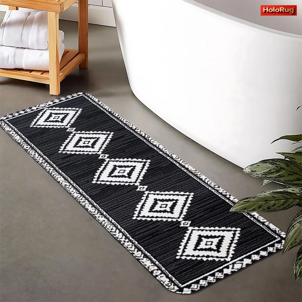 Neutral Black White Geometric Diamond Border Runner Rug, Non-Slip Mat for Bathroom Hallway Bathroom Daily Boho Holiday Decor