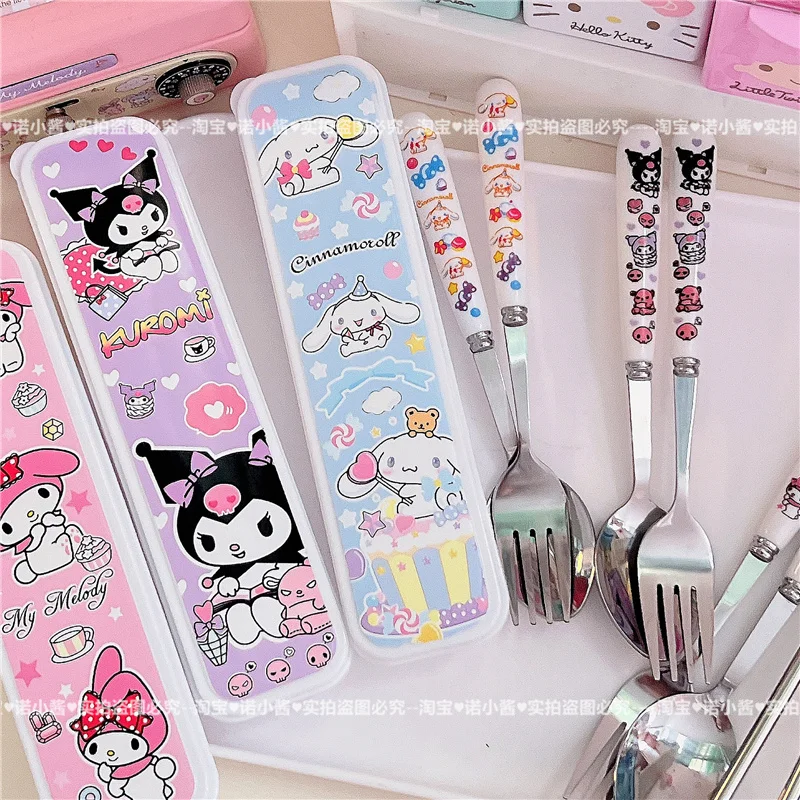 2/3 pz Kawaii Sanrio My Melody Cinnamoroll Kuromi posate Set bacchette del fumetto cucchiaio forchetta Set stoviglie portatile scatola di