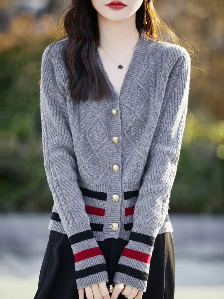 New Chic Twist Flower Women Sweater Long Sleeve V-neck Cardigan 100% Merino Wool Soft Warm Cashmere Knitwear Korean Fashion Tops