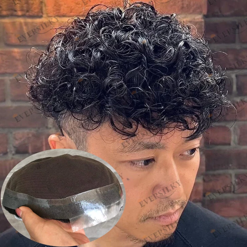 Super Durable 24mm Curly Virgin Human Hair Black Man Toupee Undetectable Lace Top PU Around Breathable Men Toupee Hair Wig Patch