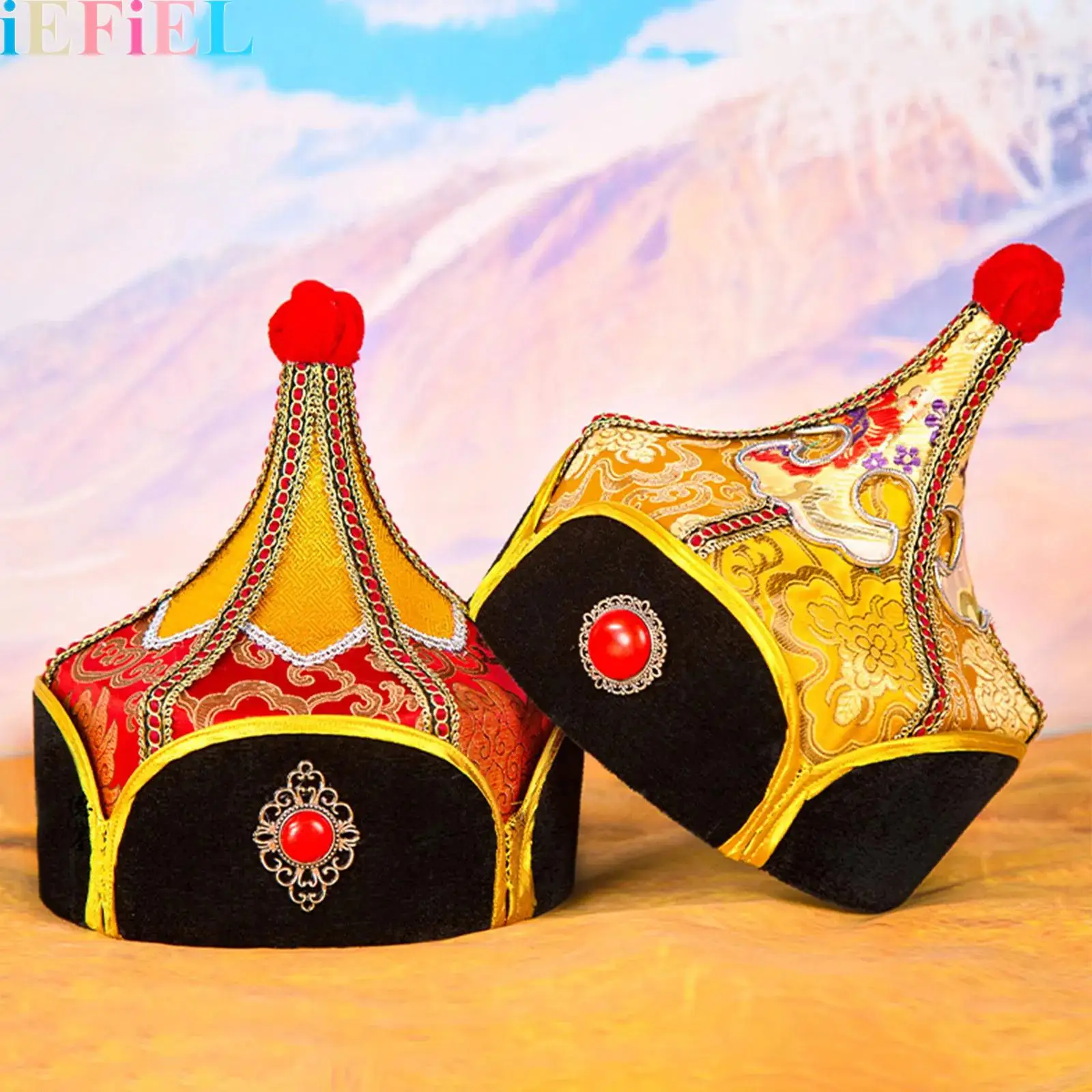 

Men Hat Adorned with Delicate Mongolian Style Hat Patterns Prince General Hat Costumes Accessories Stage Performances