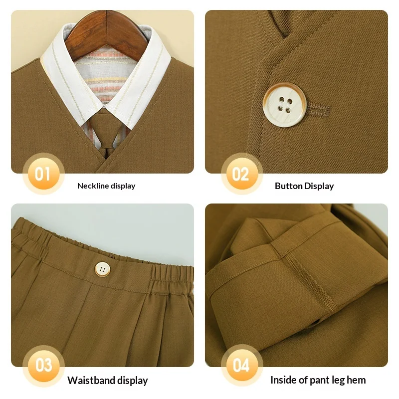 Boys Formal Suit with Bird Embroidery Gentleman Outfit for Wedding Party Short Sleeve Shirt Vest Shorts Teen School Clothes Set