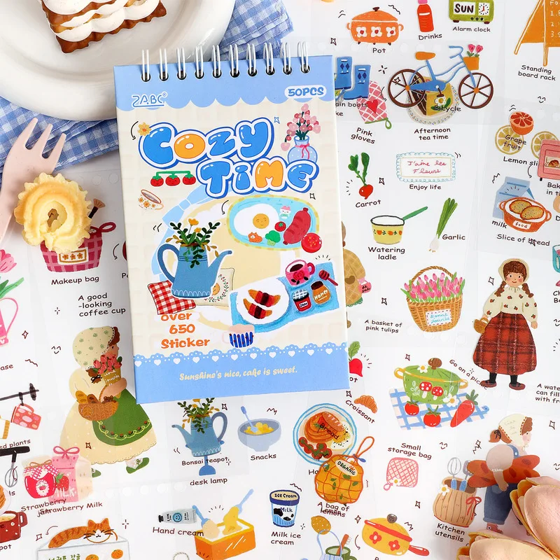 50 Sheets Cozy Time PET Sticker Book, Cute Daily Food Life Die‑Cut Stickers for Junk Journal Scrapbook DIY Planner Decor