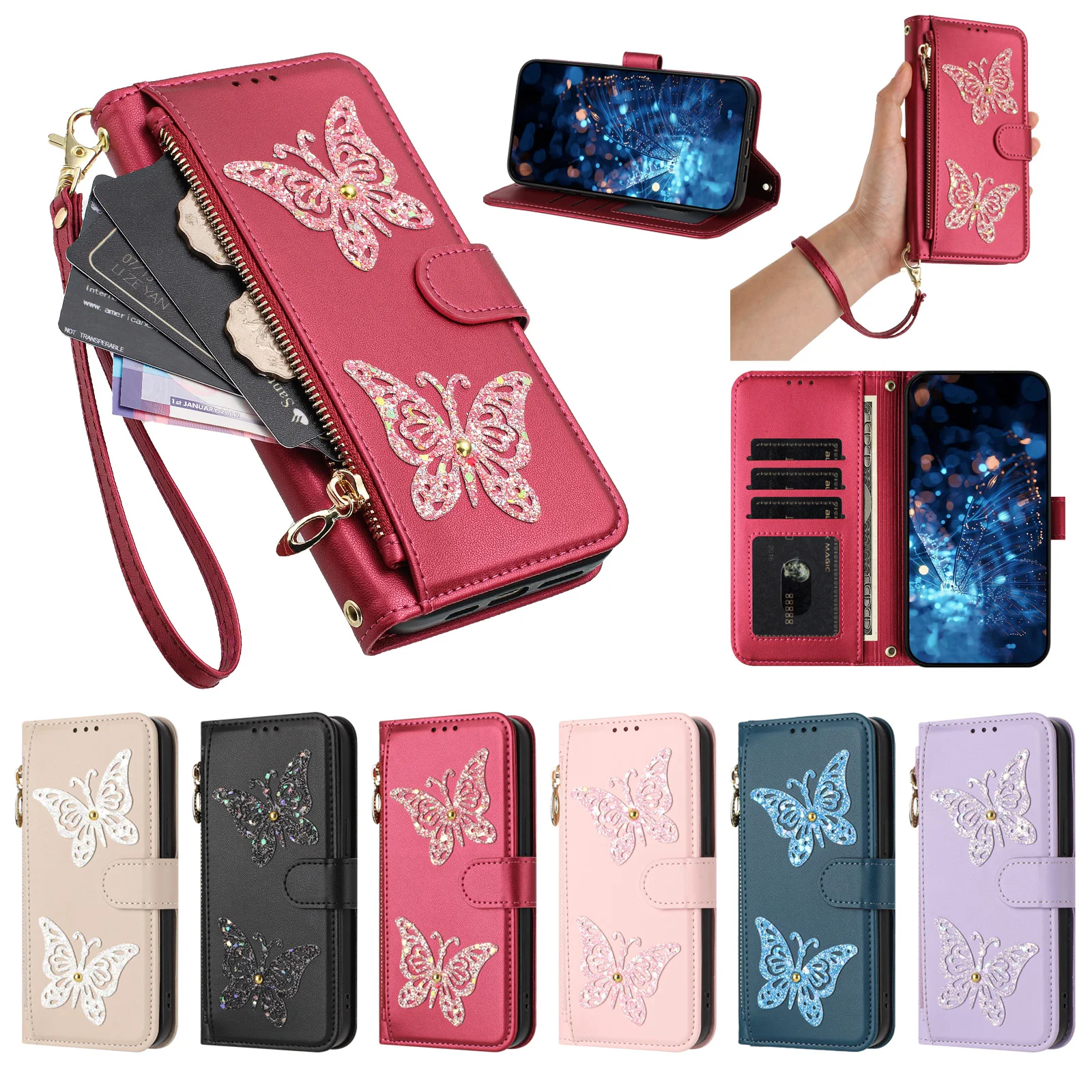 Glitter Butterfly Leather Flip Case For Samsung Galaxy S26 Ultra S25 S24 Plus S23 FE S22 Crossbody Lanyard 3 Cards Wallet Cover