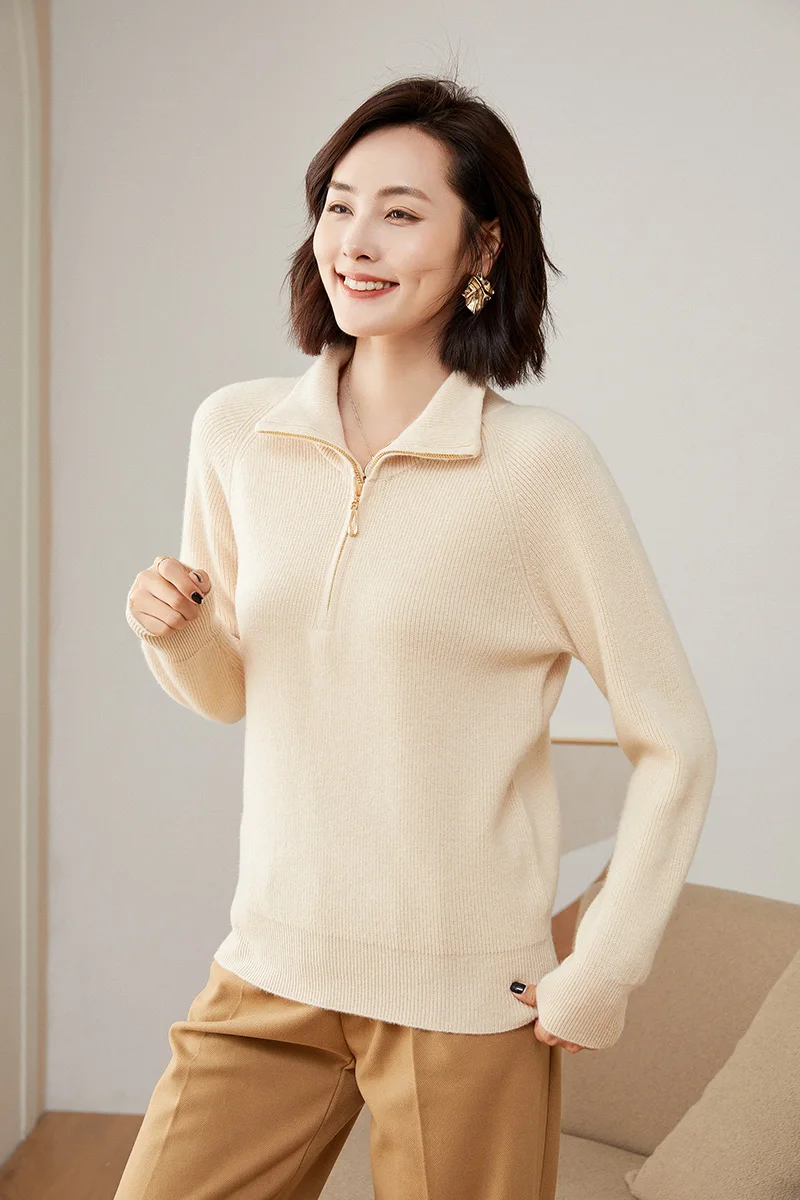 Women's Clothing 2023 Autumn Winter O-Neck Pullover Solid Color Sweater Wool Silk Knit Slim Fit Zippered Long Sleeve Top