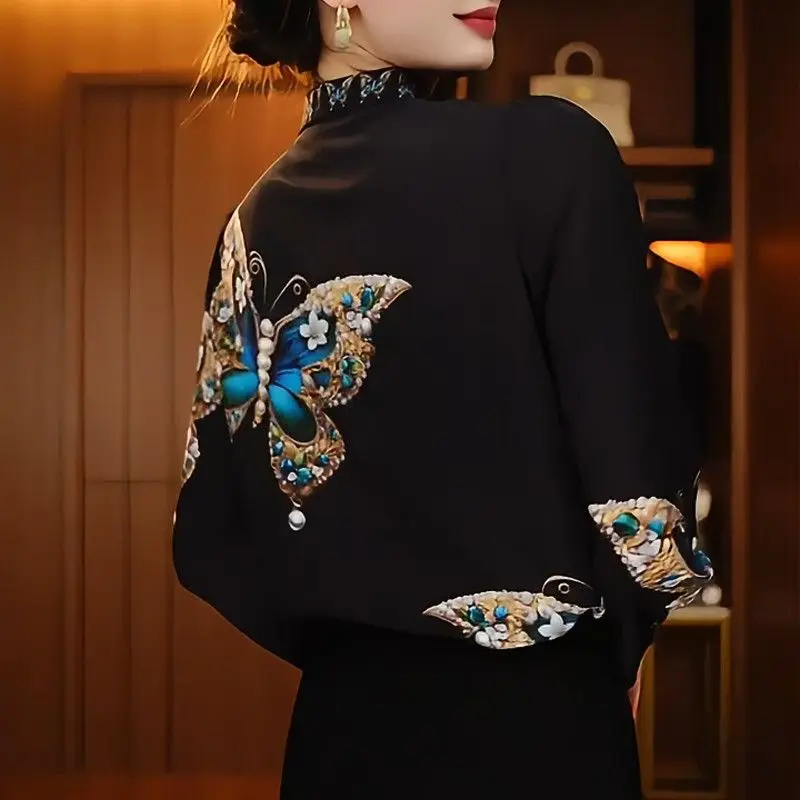 Women Clothing Chinese Style Vintage Butterfly Print Blouses Elegant Stand Collar Fleece Thick Warm Shirt Long Sleeve Slim Tops