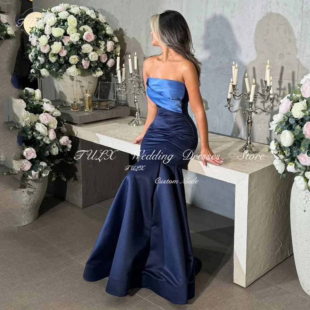 TULX Elegant Blue Mermaid Evening Dresses Strapless Satin Party Dress Women Floor Lengt Saudi Arabia Event Dresses Customized