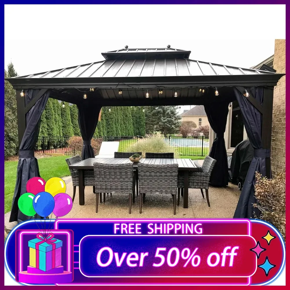 

10' X 12' Hardtop Gazebo Canopy with Netting and Curtains for Outdoor Deck Backyard Heavy Duty Sunshade Outside Metal Patio