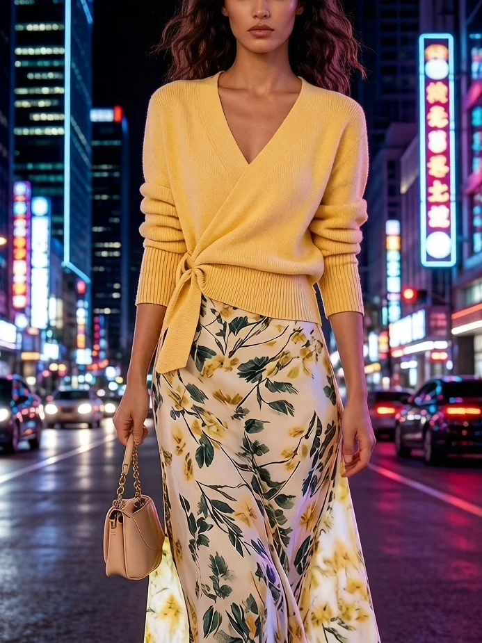 

Fashionable 2026 Women's Cloak Coat Skirt Set V-neck Long Sleeve Plant Floral Print Mid-length Autumn Spring Summer Wardrobe
