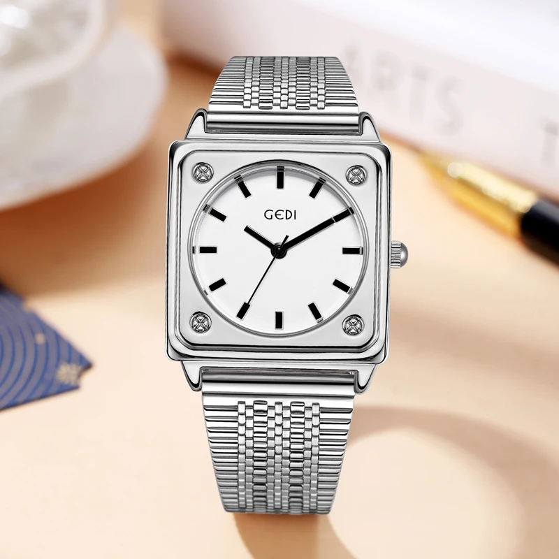 Niche high-end women's watch simple high-value steel strap watch ladies square dial waterproof quartz watch