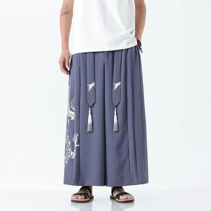 Male Chinese Kung Fu Ribbon Skirts Pants Men Side Dragon Print Trouser Gentlemen Wide Leg Loose Culottes Samurai Hakama Pantalon