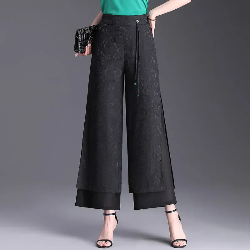 

Chinese Split Pants Women's 2024 Summer New High Waist Dagging Loose High-End Jacquard Slimming Ice Silk Wide Leg Pants