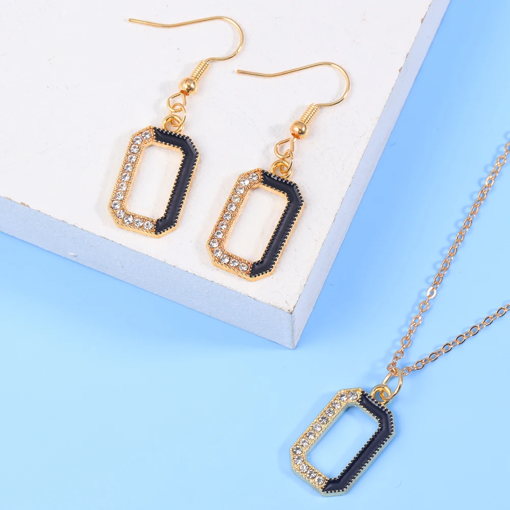 Peixin 3Pcs Trend Black Square Rhinestone Earrings Necklace jewelry set Fashion Crystal Geometry Female Pendant Earrings Jewelry image 6