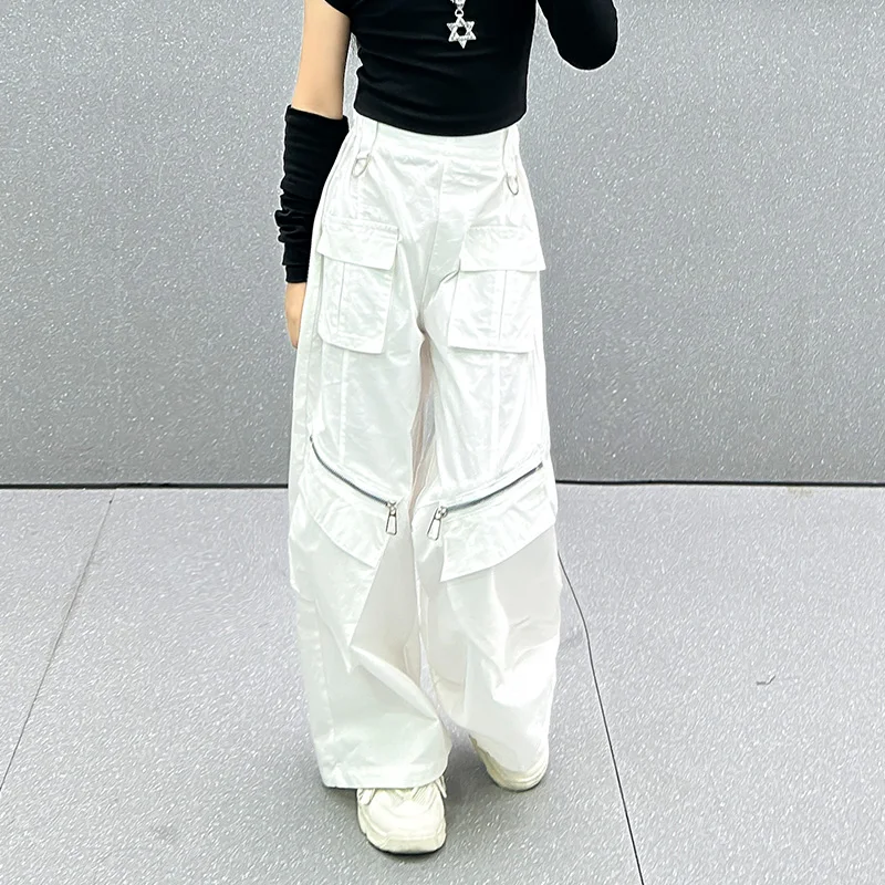 Loose Retro Tweens Girls Cargo Pants with Zipper Kids Streetwear Baggy Pants Teens Child Hiphop Straight Trousers Multi-pocket