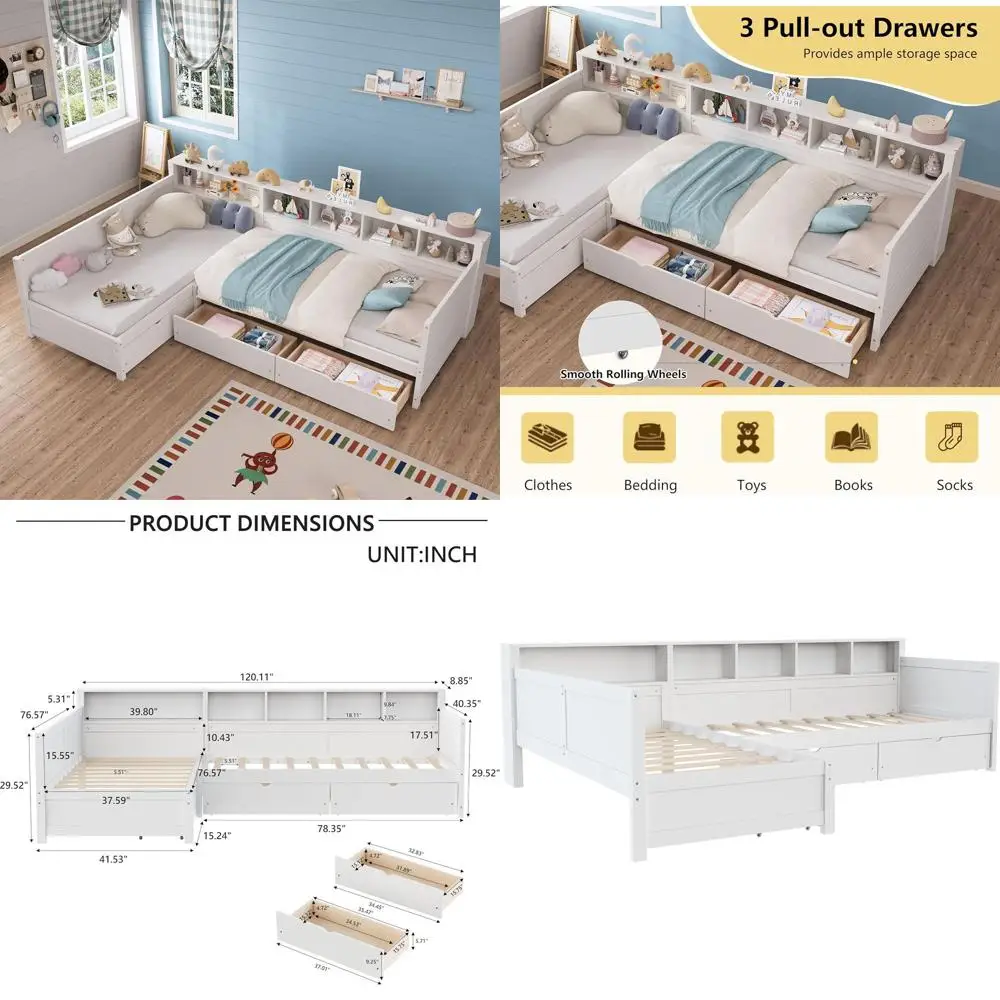 

Twin L-Shaped Platform Bed with Storage, Solid Wood Daybed, Bookcase, Double Beds for Kids, White