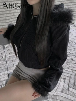 AltGoth Y2k 冬暖かいコーデュロイコート女性モールゴシックストリートヒップスターグランジエモ Alt 長袖フード付き作物ジャケットファム