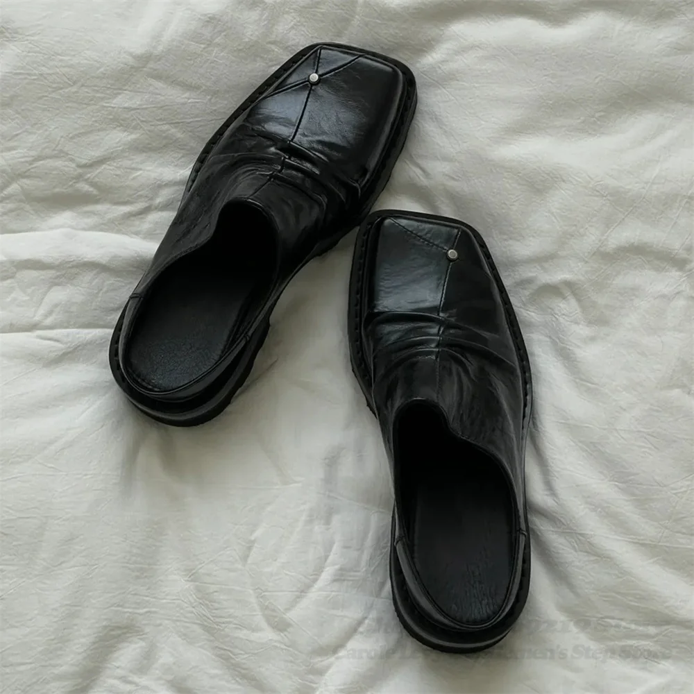 Square Toed Pleated Mules for Men Dark Style Thick Sole Black Leather Outer Wear One Foot Slip On Derby Leather Shoes Slippers