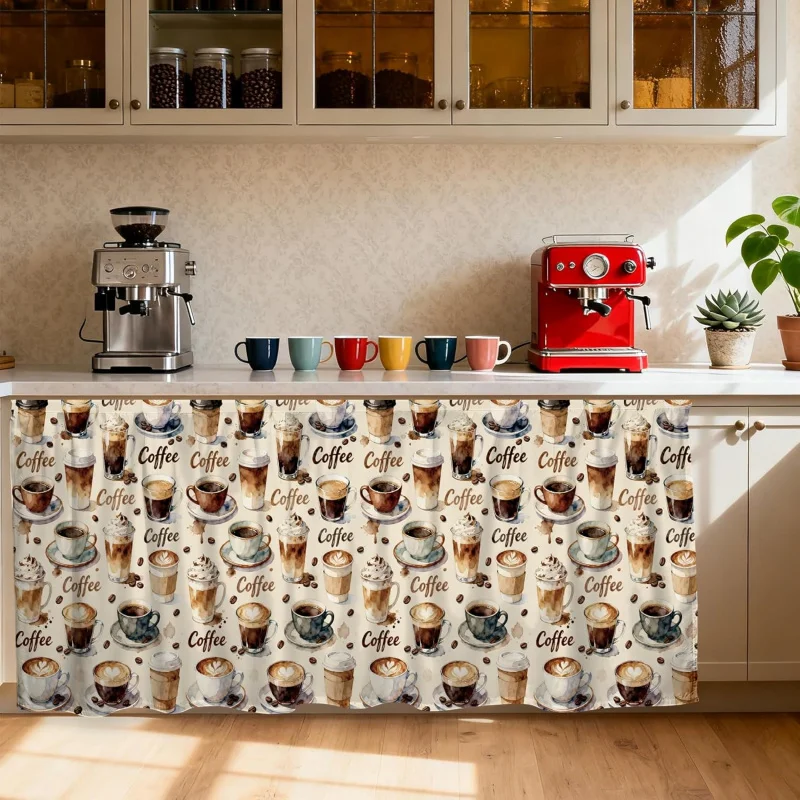 VIKAMA Vintage Coffee Kitchen Cabinet Curtain Dust-Proof Stain-Resistant Hidden Curtain for Under Sink Storage Cabinet