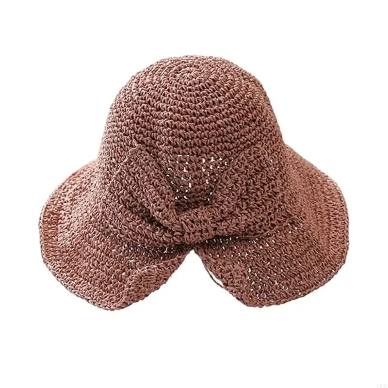 Foldable Straw Hat Crocheted With Fashionable Embellishment For Outdoor Activities Summer Vacation Y08E