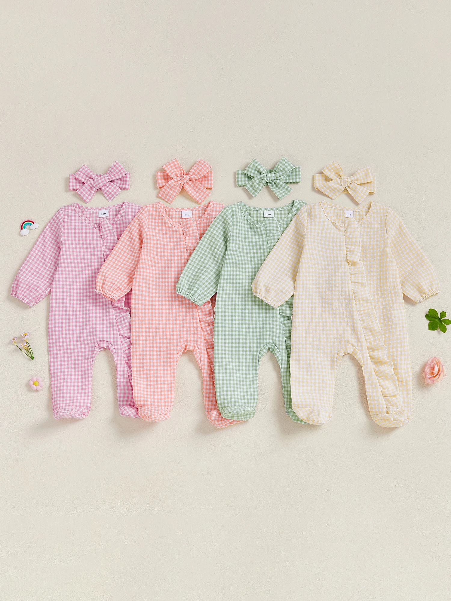 

Осенние пижамы для маленьких девочек и комплект из двух предметов с одинаковой повязкой на голову, клетчатые рюши и комбинезон на молнии спереди